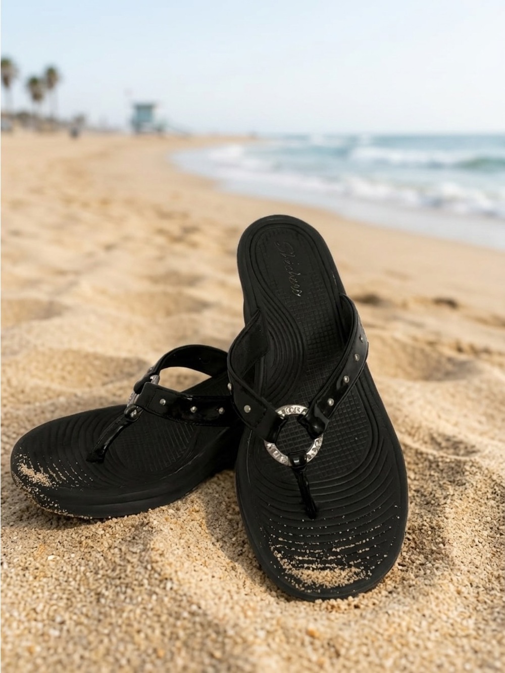 Skechers Black Rhinestone Ring Thong Sandals